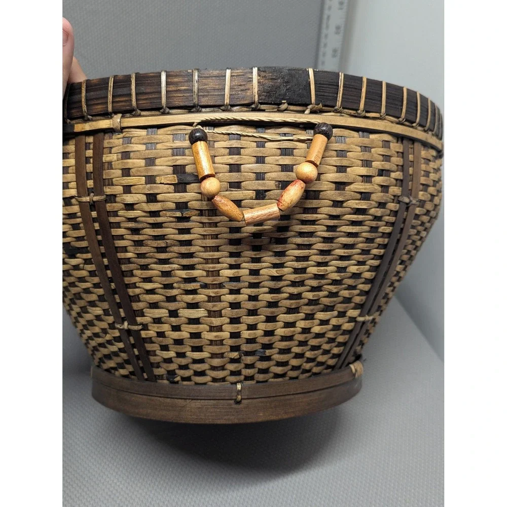VTG Handcrafted Woven Bamboo Basket Two Tone Round Storage w/ Wood Bead Handles